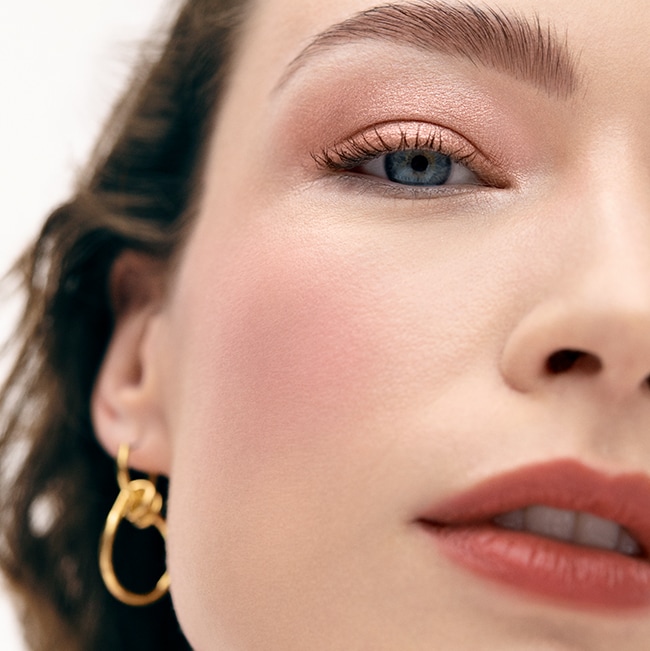Close up of model eye showcasing defined brows and a natural, shimmery eye look